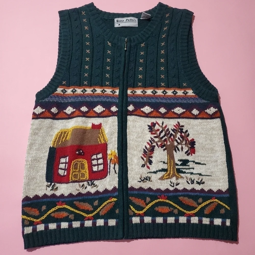 Vintage 1980s 80s Cottagecore Fall Forest Cottage Tree Leaves Gina Peters Vest - Picture 1 of 6